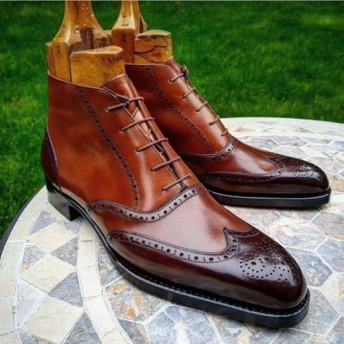 MEN'S HANDMADE TWO TONE CAP TOE BROWN LEATHER ANKLE HIGH WINGTIP BROGUE BOOTS