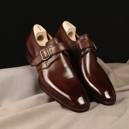 Handmade Brown Leather Monk Shoes for Men, Men Business Shoe