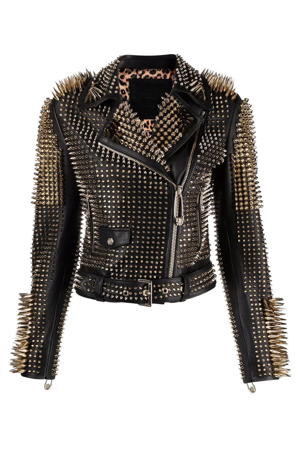 Women Black Punk Silver Long Spiked Studded Leather Biker Jacket