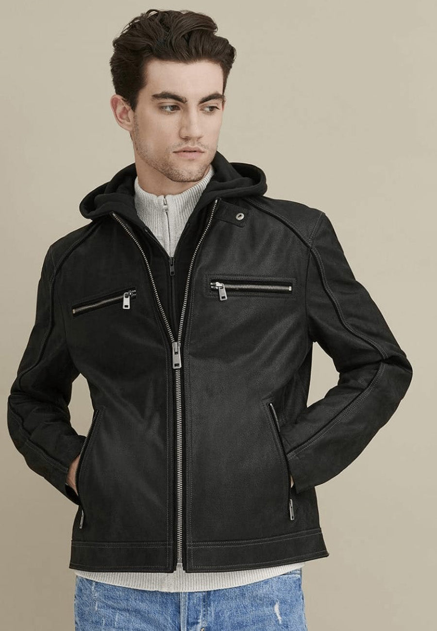 Men’s Black Leather Jacket Removable Hood