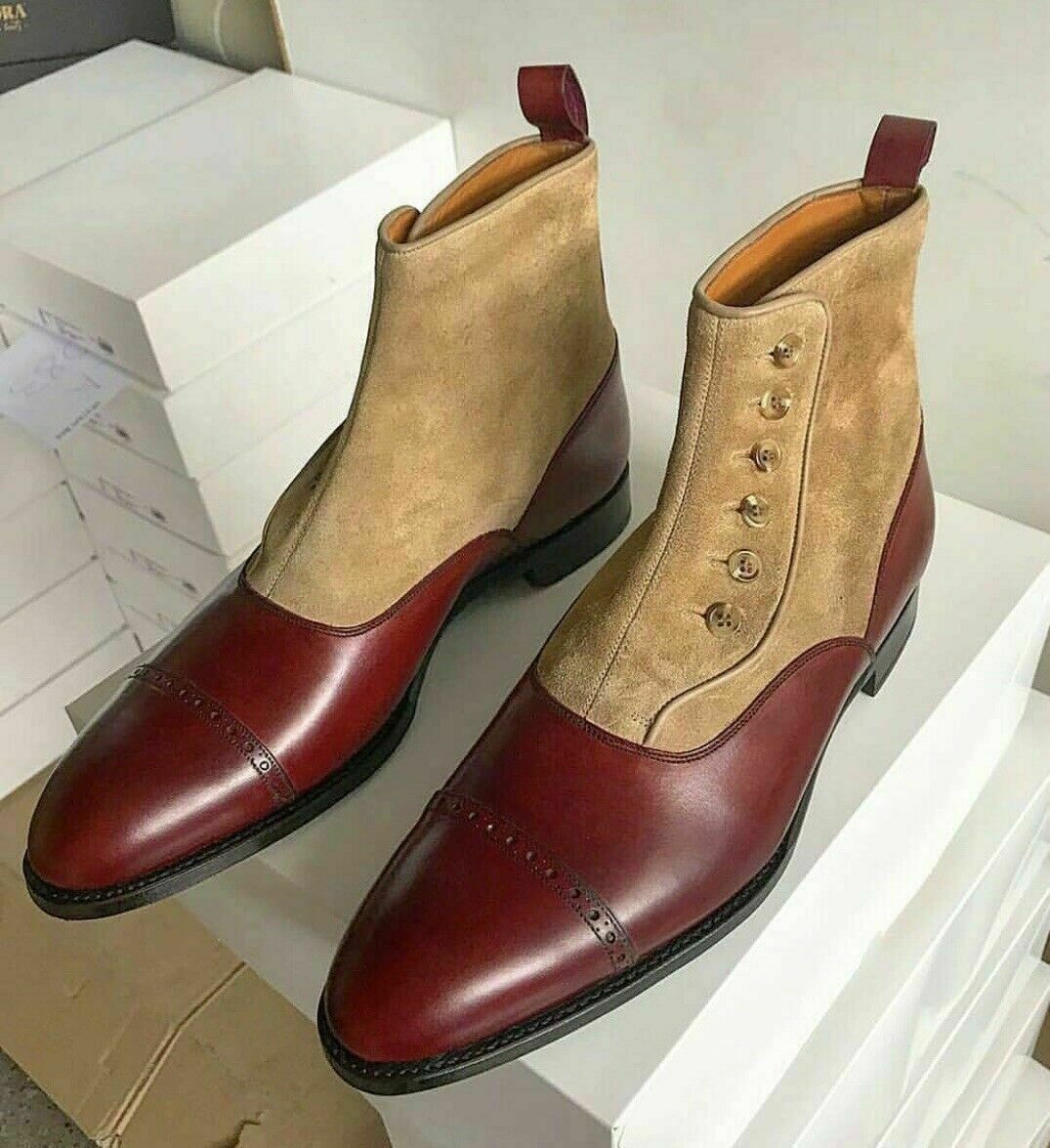 Handmade Two tone Button boots Men burgundy and beige Ankle boots, Boots for men