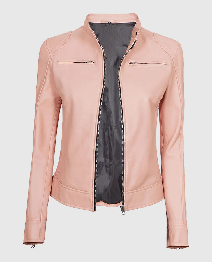 Light Pink Women's Motorcycle Cafe Racer Leather Jacket