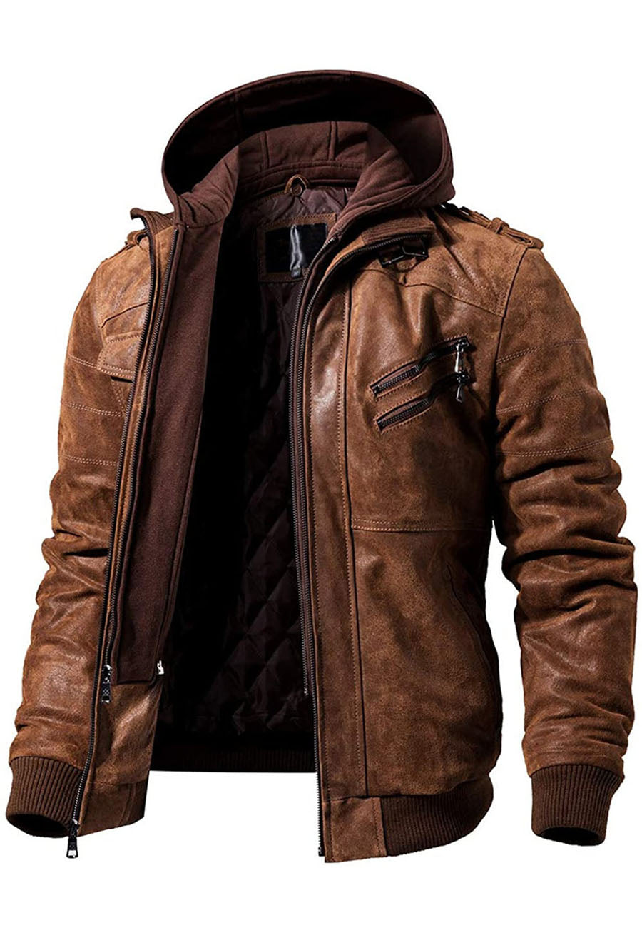 Men’s Tan Brown Leather Removable Hood Bomber Jacket