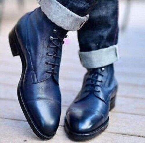 Handmade Leather Blue Ankle Boots For Men's celebrities fashion