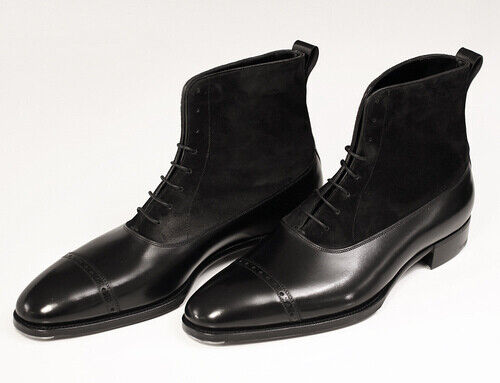 Handmade Men Oxford Dress Boot, Men Black Suede and Leather Ankle High Boots