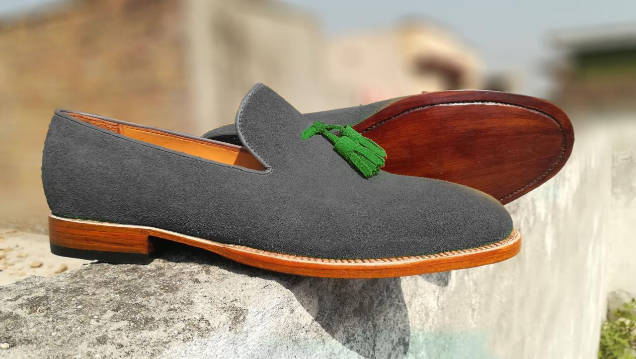 Green Tassel Loafer Slip On Plain Rounded Toe Gray Suede Leather Stylish Shoes