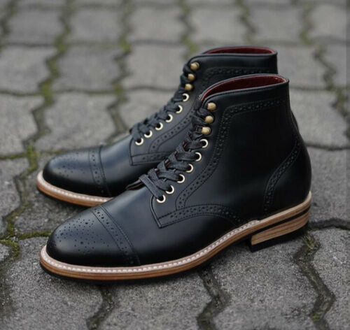 Handmade Men’s Ankle High Leather Boots, Men’s Black Cap Toe Brogue Lace Up Boot