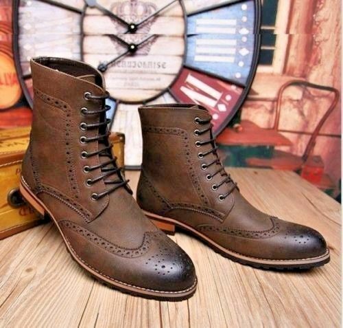 Handmade Man Brown Ankle High Leather Boots, Brown Causal/Formal Lace Up Shoes