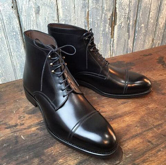 Handmade Genuine Black Leather Lace Up Vintage Ankle Men's Toe Cap Derby Boots