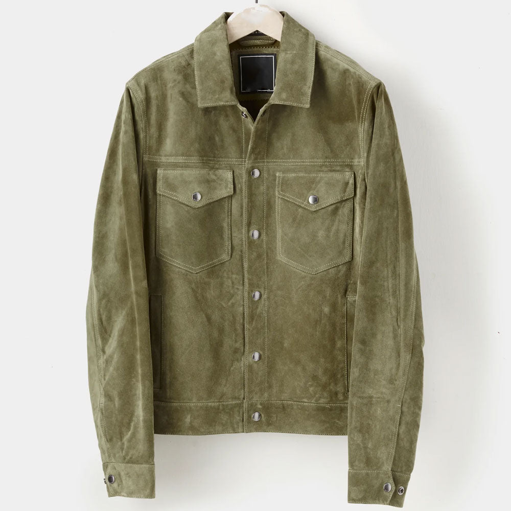 Men’s Cream Green Suede Leather Shirt Jeans Style Jacket