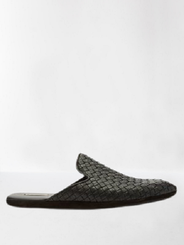 Handmade Men Black Leather Woven Chittai Mat Mules, Moccasin Shoes