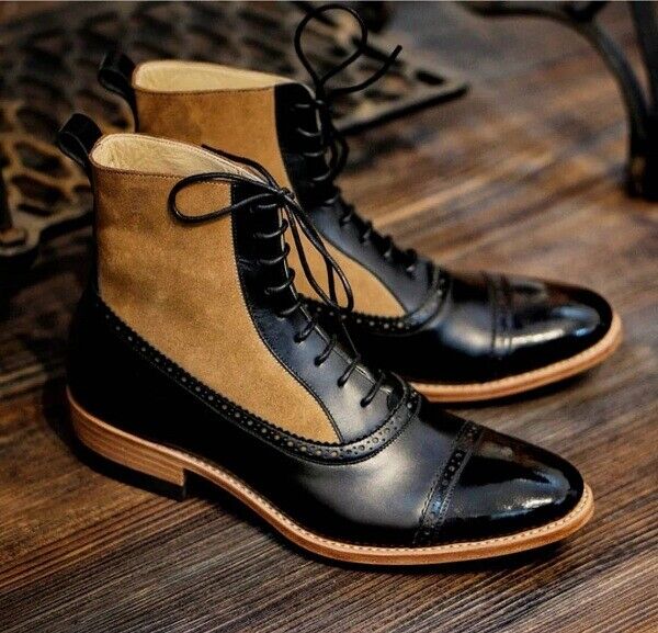 Handmade Pure Leather & Suede Lace Up Ankle Boots For Men's