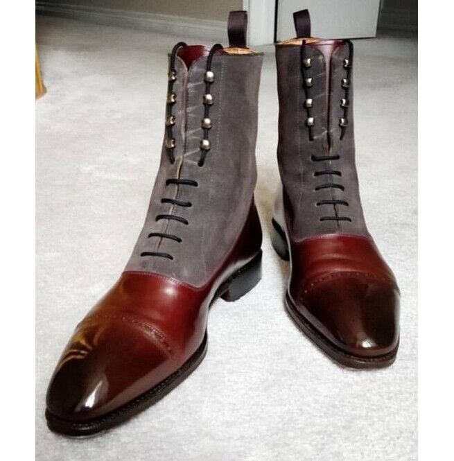 Handmade Mens Two Tone Ankle Boots, Men Lace up Dress Boot, brown and gray boots