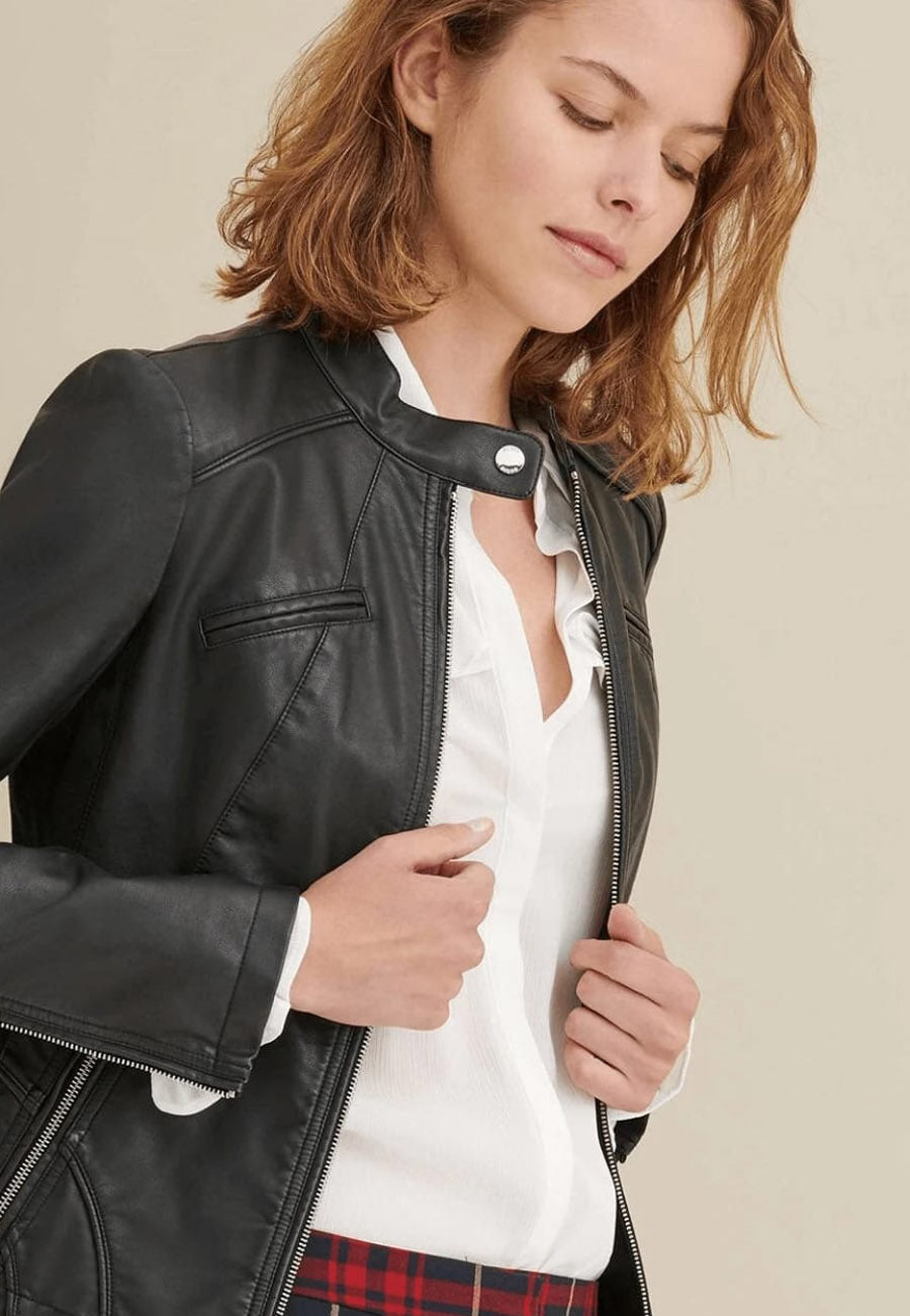 Women's Classic Black Sheepskin Leather Biker Jacket