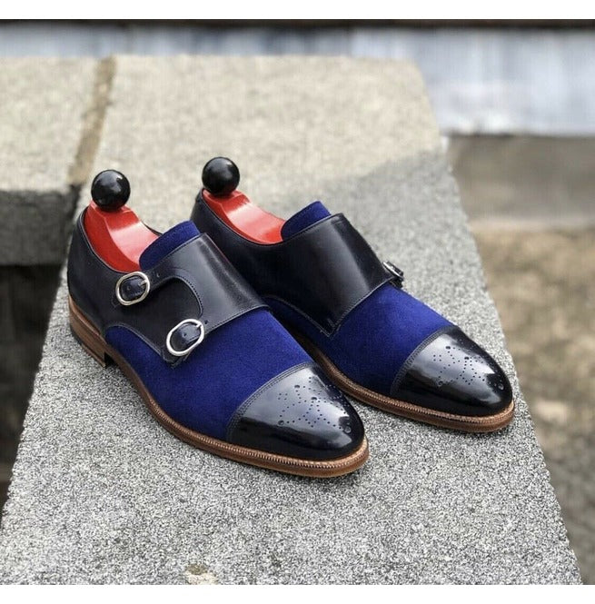 Handmade Black Leather & Blue Suede Monk Strap Shoes for Men’s