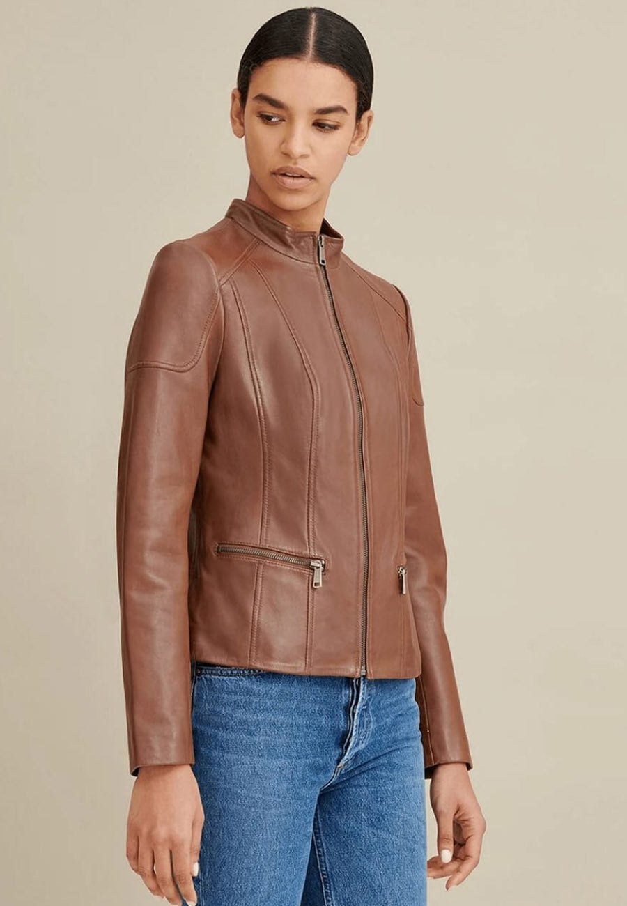 Women's Brown Leather Crew Neck Biker Jacket