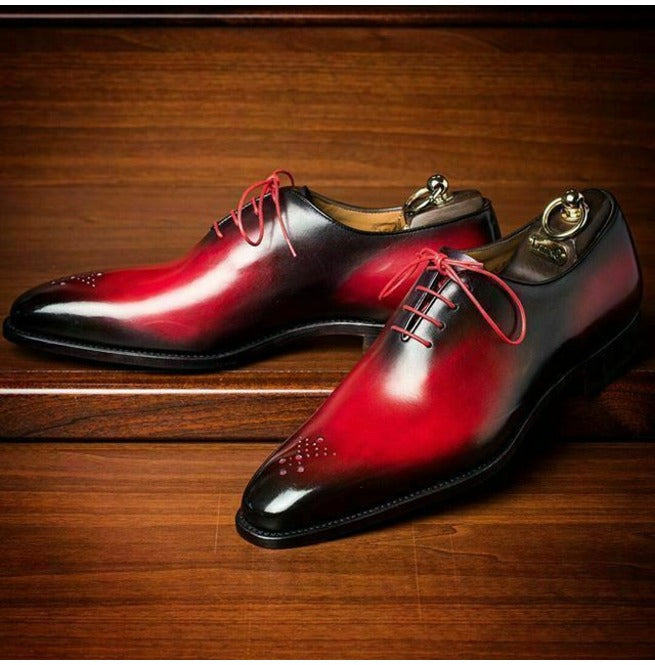 Handmade Brogue Style Shoes, Lace Up Red Dress Shoes, Real Leather Shoes