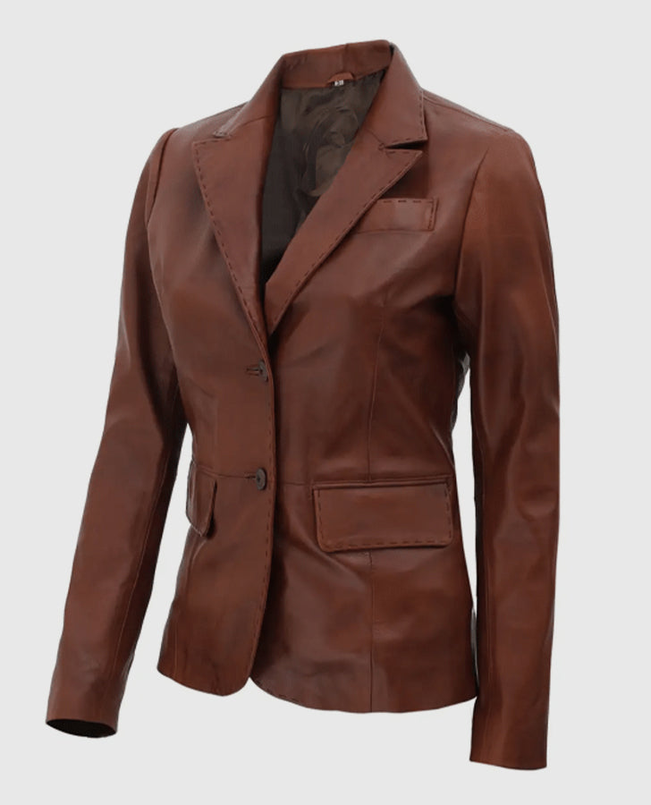 Women's Brown Two Button Leather Blazer Jacket