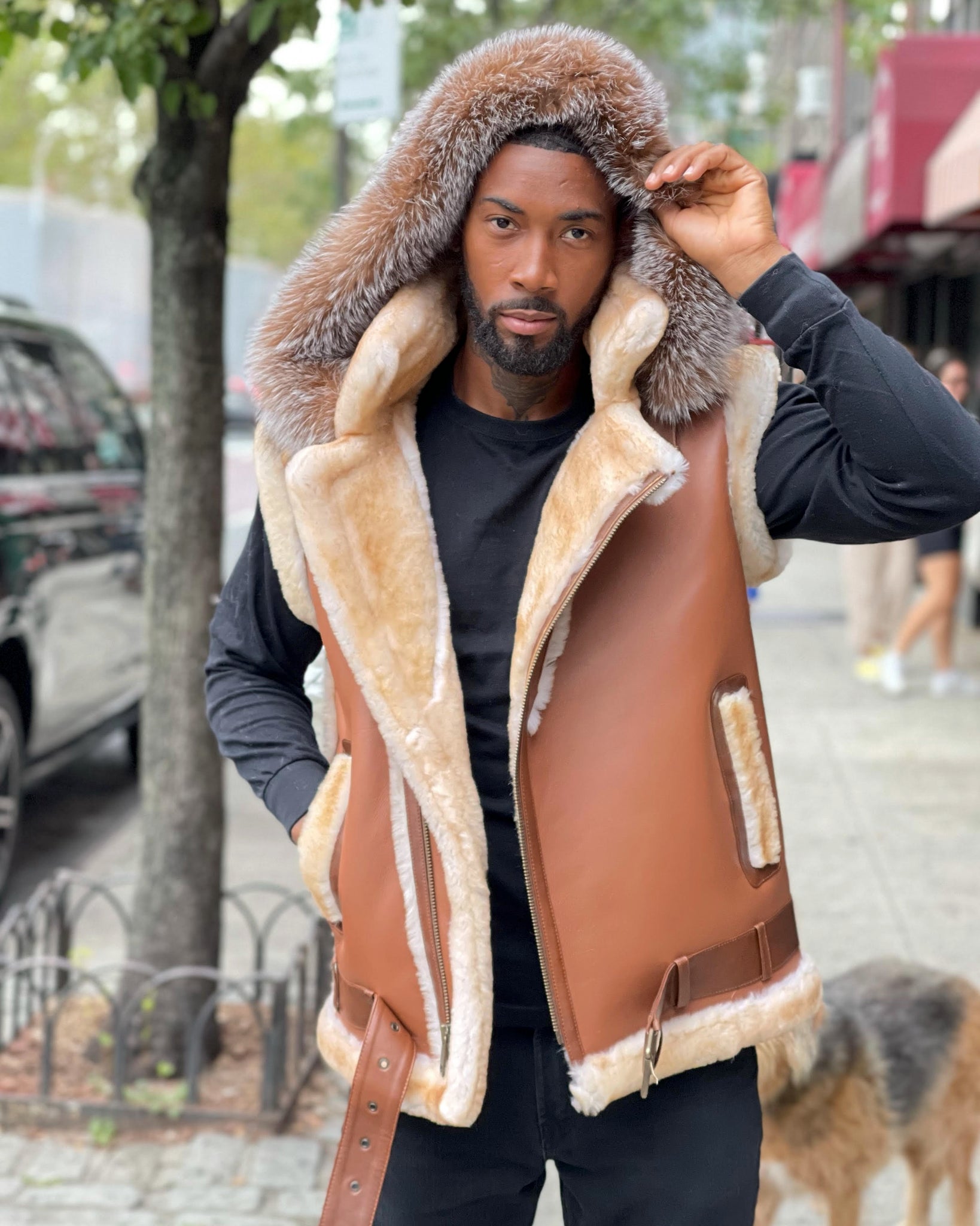 MEN SHEARLING VEST- COGNAC BROWN WITH CRYSTAL FOX HOOD