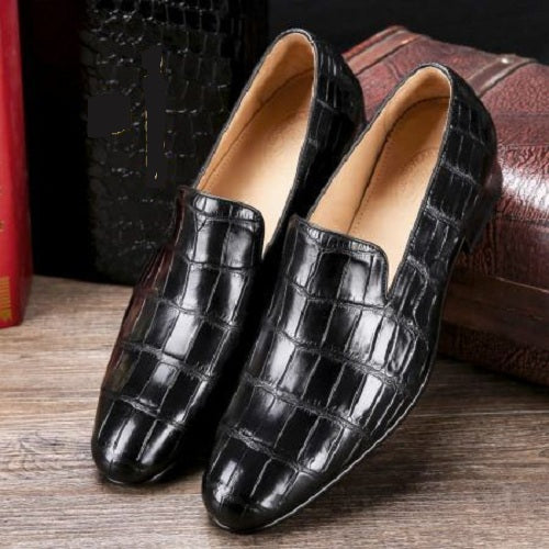 Handmade Men Black Crocodile Texture Leather Penny Loafer Shoes, Peas Shoes