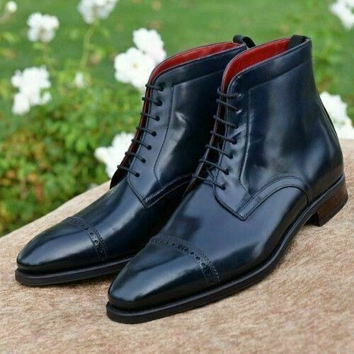 Handmade Men Black Cap toe lace up ankle high boots, Men black leather boots