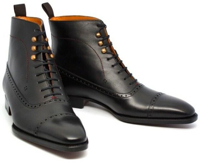 Handmade Men's Ankle High Boot, Men Black Leather Cap Toe Lace Up Casual Boots