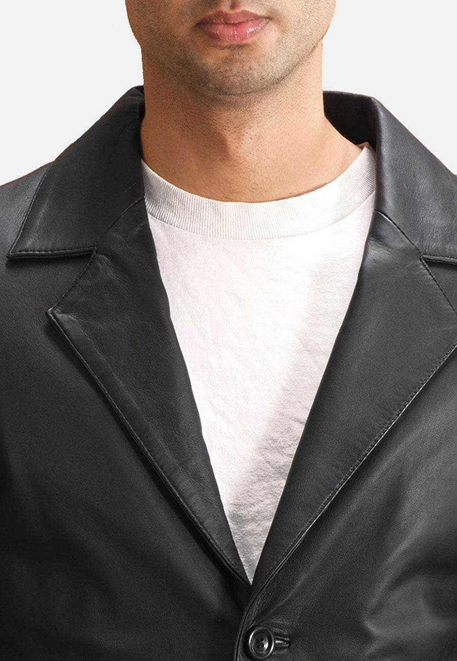 Men's Black Leather Long Coat