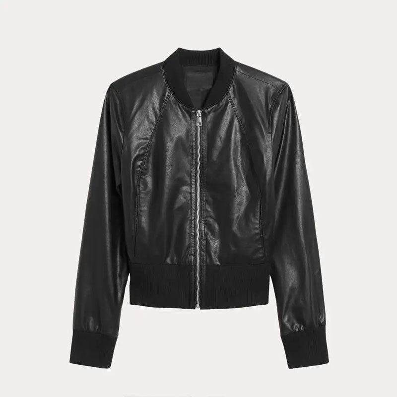 Women Cropped Ribbed Cuff Black Bomber Jacket