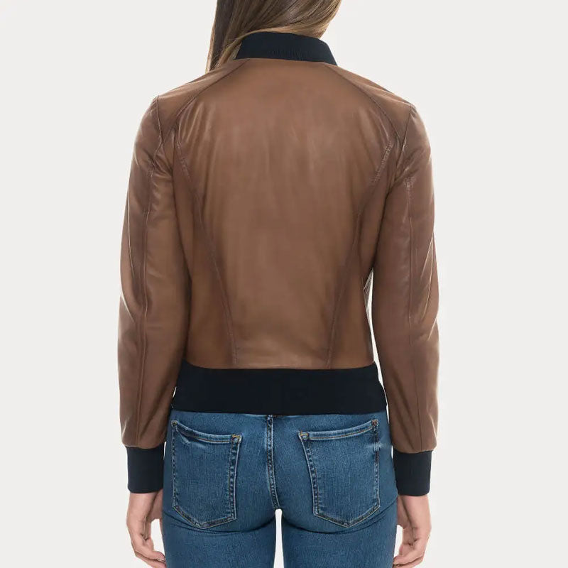 Sugar Brown Lambskin Soft  Leather Bomber Jacket