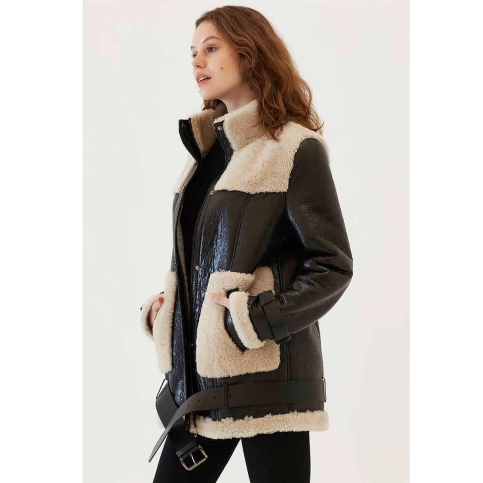 Women’s Black Leather Shearling Long Coat