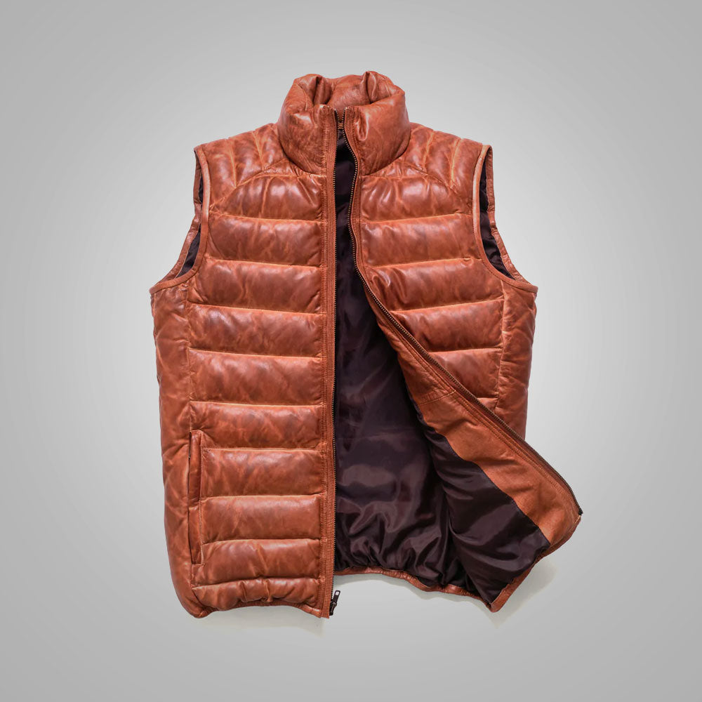 Brown Mens Shearling Bubble Leather Down Vest