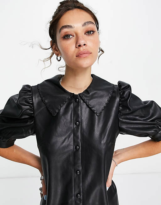 Handmade Genuine Crafted Leather shirt dress in black