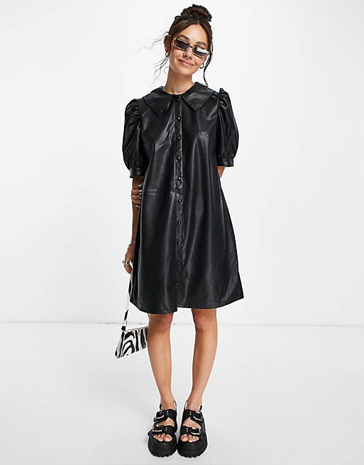 Handmade Genuine Crafted Leather shirt dress in black