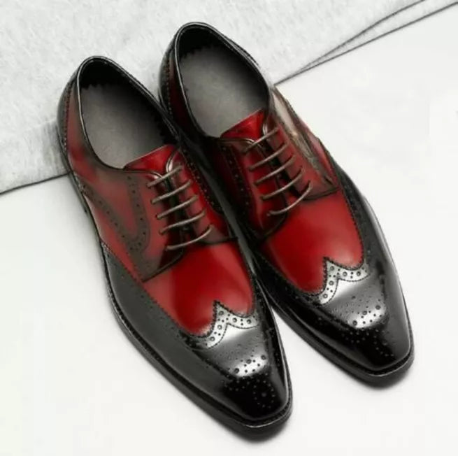 Handmade Men Black & Red Leather Formal Wing Tip Brogue Lace Up Dress Shoes