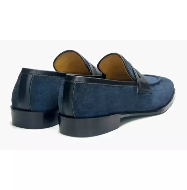 Handmade Navy Blue Genuine Suede Formal Slip Ons/ Loafers Dress Shoes