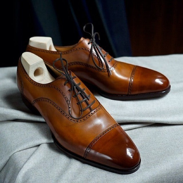 Handmade oxfords leathers shoes brown semi brogue toe cap lace up men