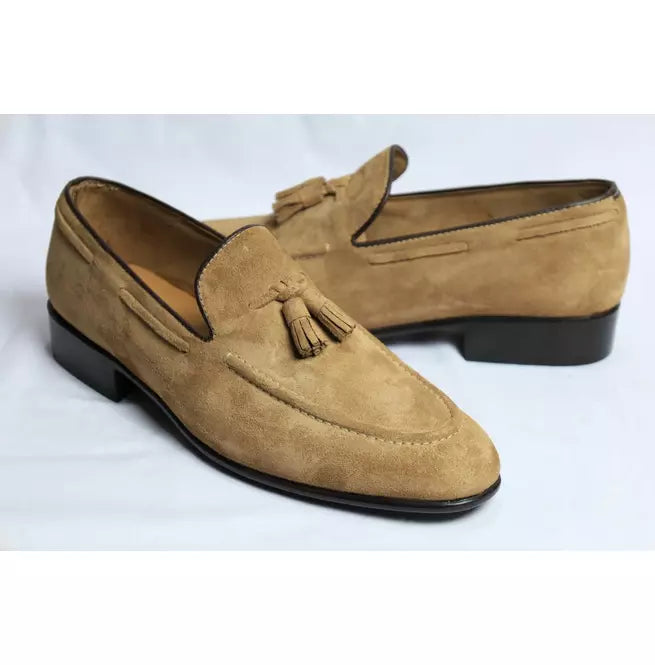 Handmade Beige Suede Tassels Moccasins Slip Ons Office Dress Shoes