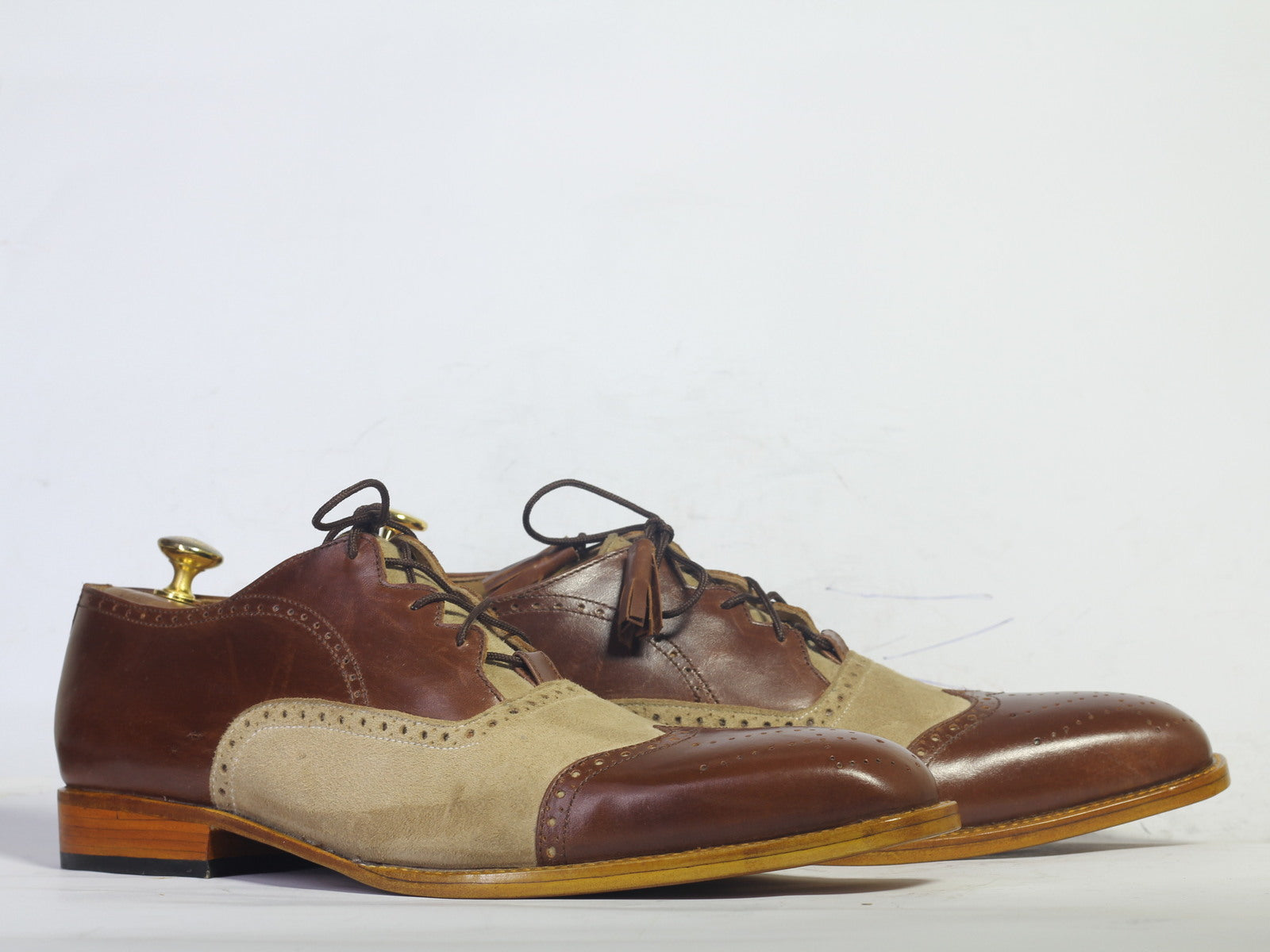 Handmade Men Beige Brown Wing Tip Shoes, Men Lace Up Leather Suede Dress Shoes