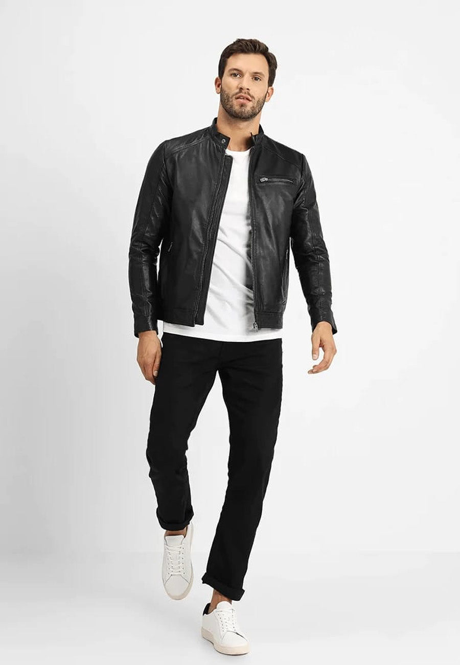 Men's Black Leather Crew Neck Jacket