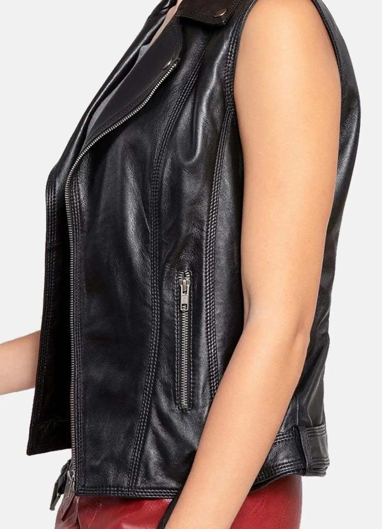 Womens Shiny Black Leather Biker Vest