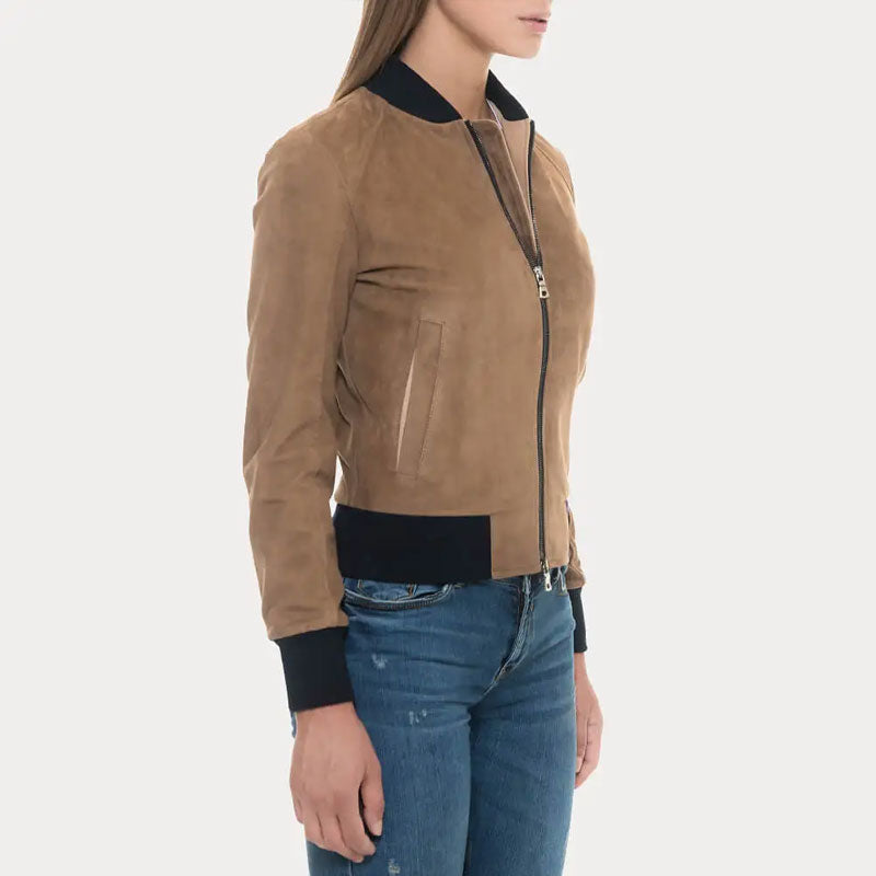 Tan Suede Bomber Jacket with Black Rib Knit Collar & Cuffs