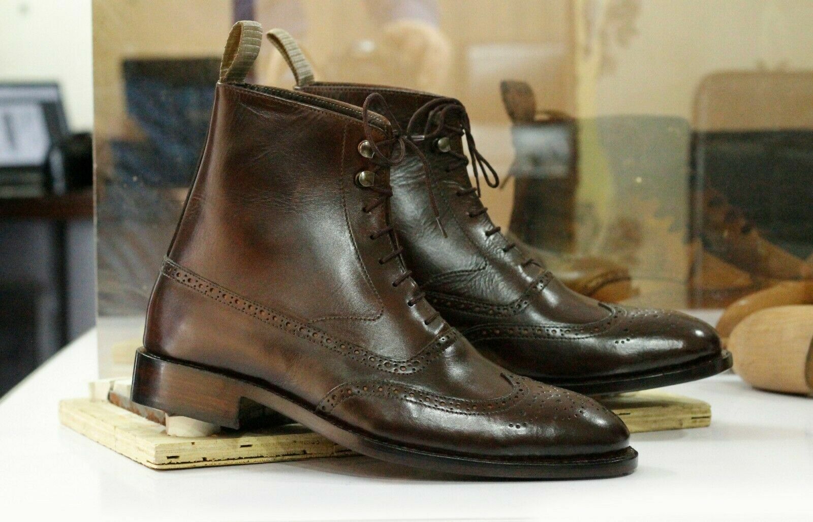 Handmade Men Brown Leather Wing Tip Brogue Lace Up Boots, Men Ankle Fashion Boot