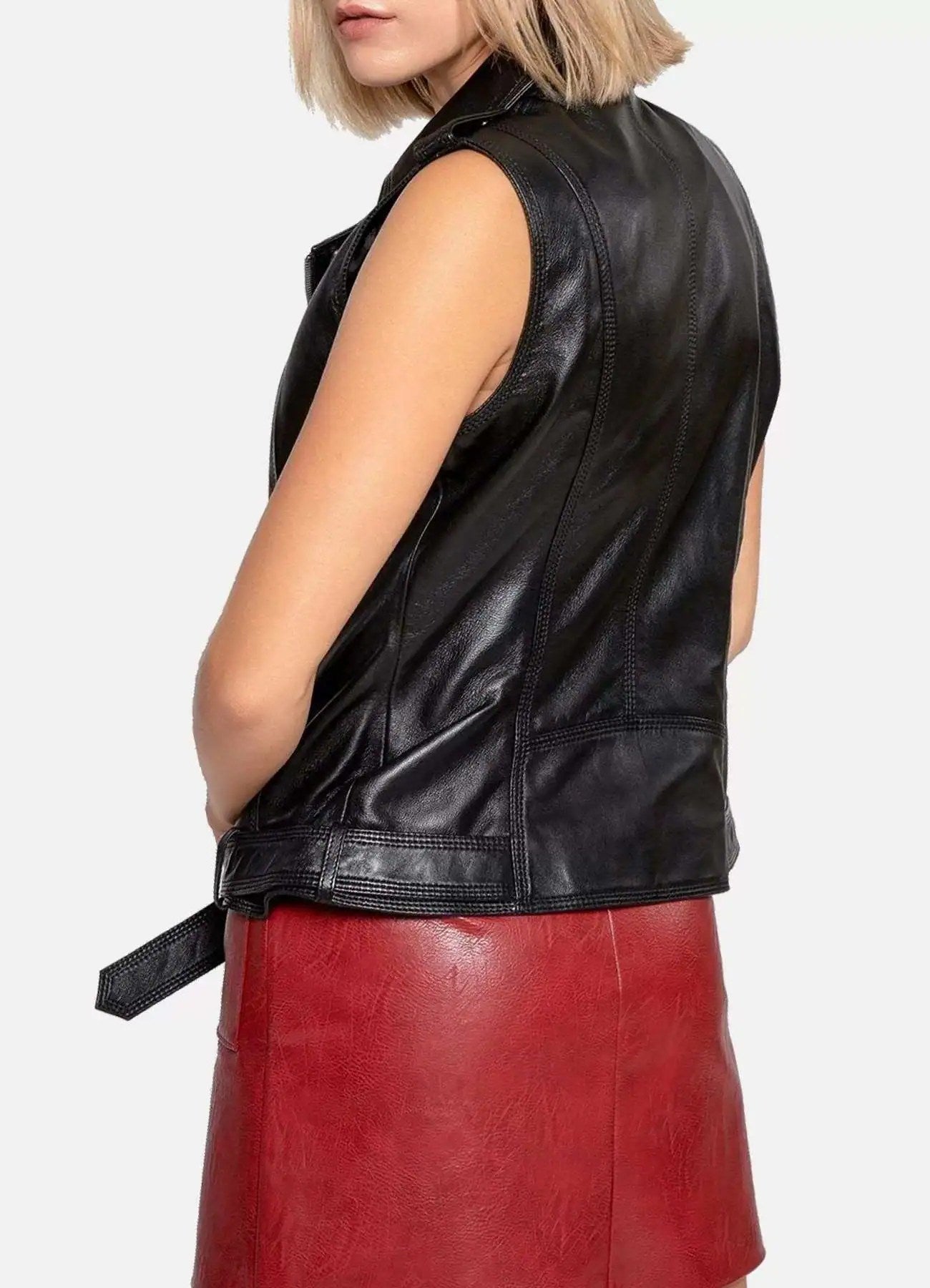 Womens Shiny Black Leather Biker Vest