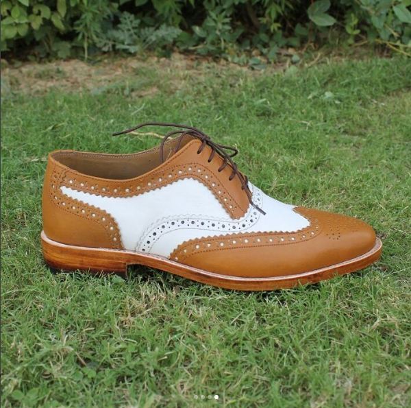 Men Tan White Cont Brogue Toe Wing Tip Oxford Genuine Leather Shoes