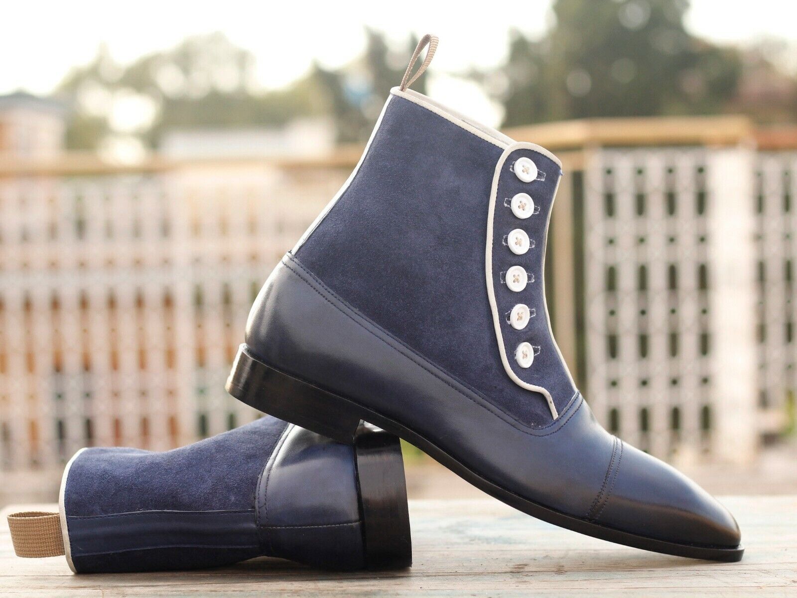 Stylish Handmade Mens Navy Blue Leather Suede Cap Toe Button Fashion Dress Boots