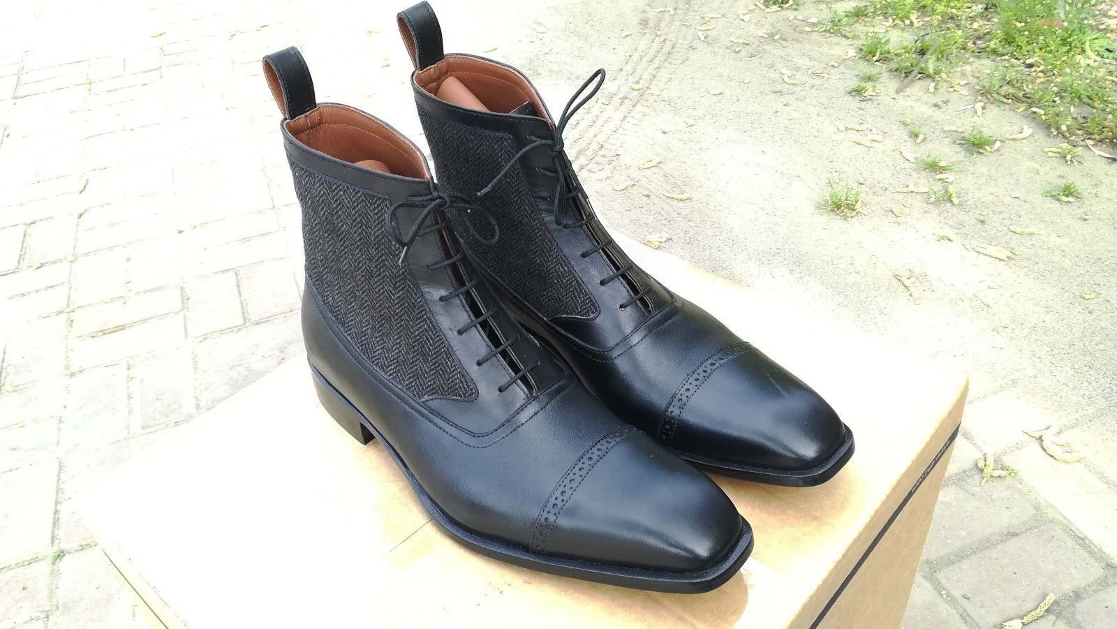 Handmade men black leather boots, tweed fabric boots for men, ankle dress boots