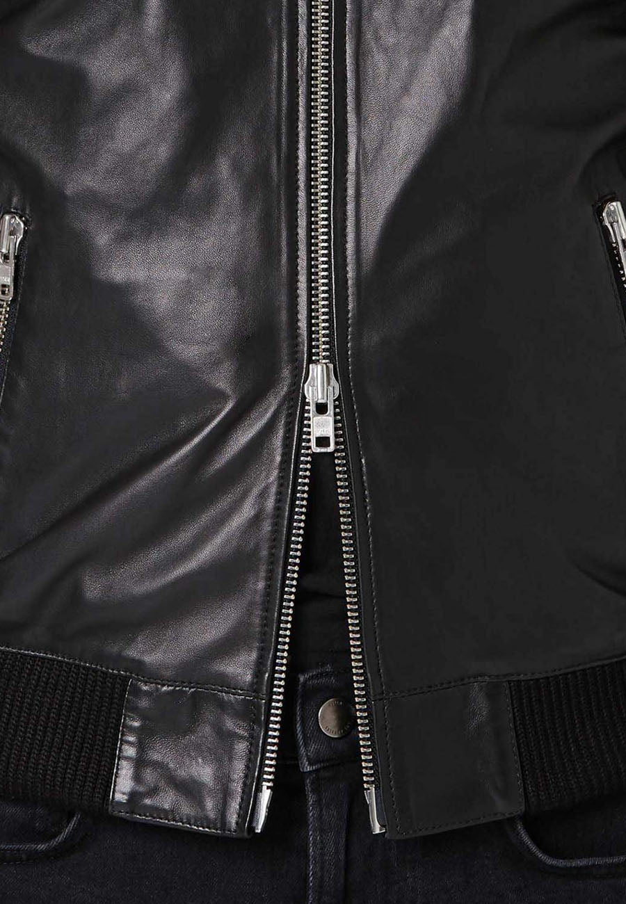 Stylish Men's Black Leather Bomber Jacket with Dual Zipper Design