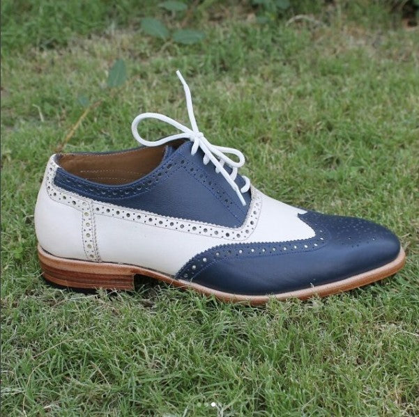 Men Blue White Cont Brogue Toe Wing Tip Oxford Genuine Leather Shoes