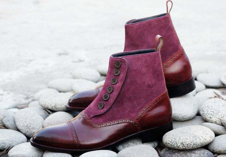 Men's Handmade Burgundy Leather & Suede Cap Toe Button Ankle Fashion Boots