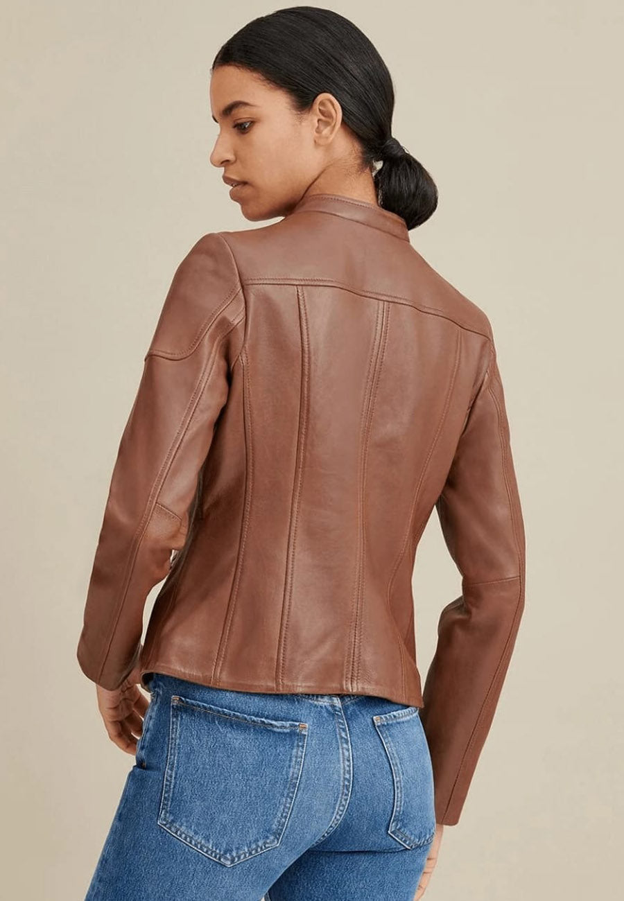 Women's Brown Leather Crew Neck Biker Jacket